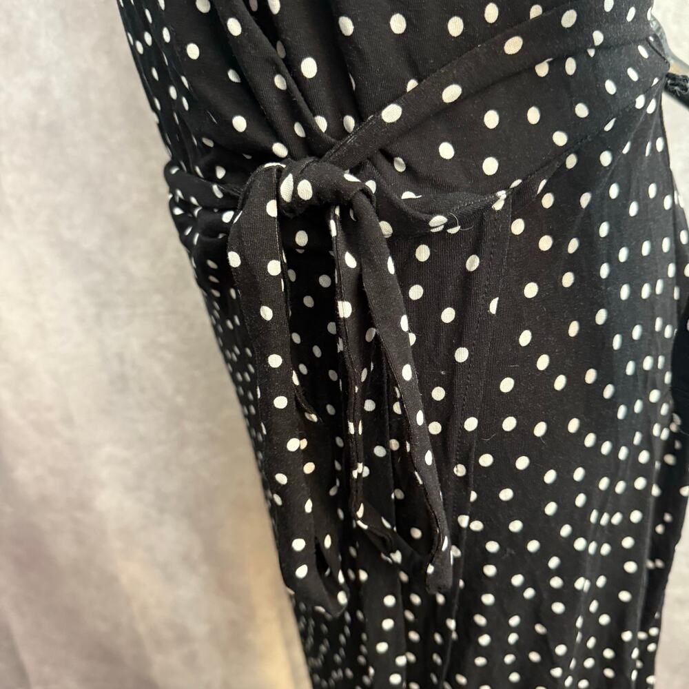 Black White Polka Dot Wrap Dress Stretchy XXL with Tie Bow Waist Mid Length - Picture 6 of 10